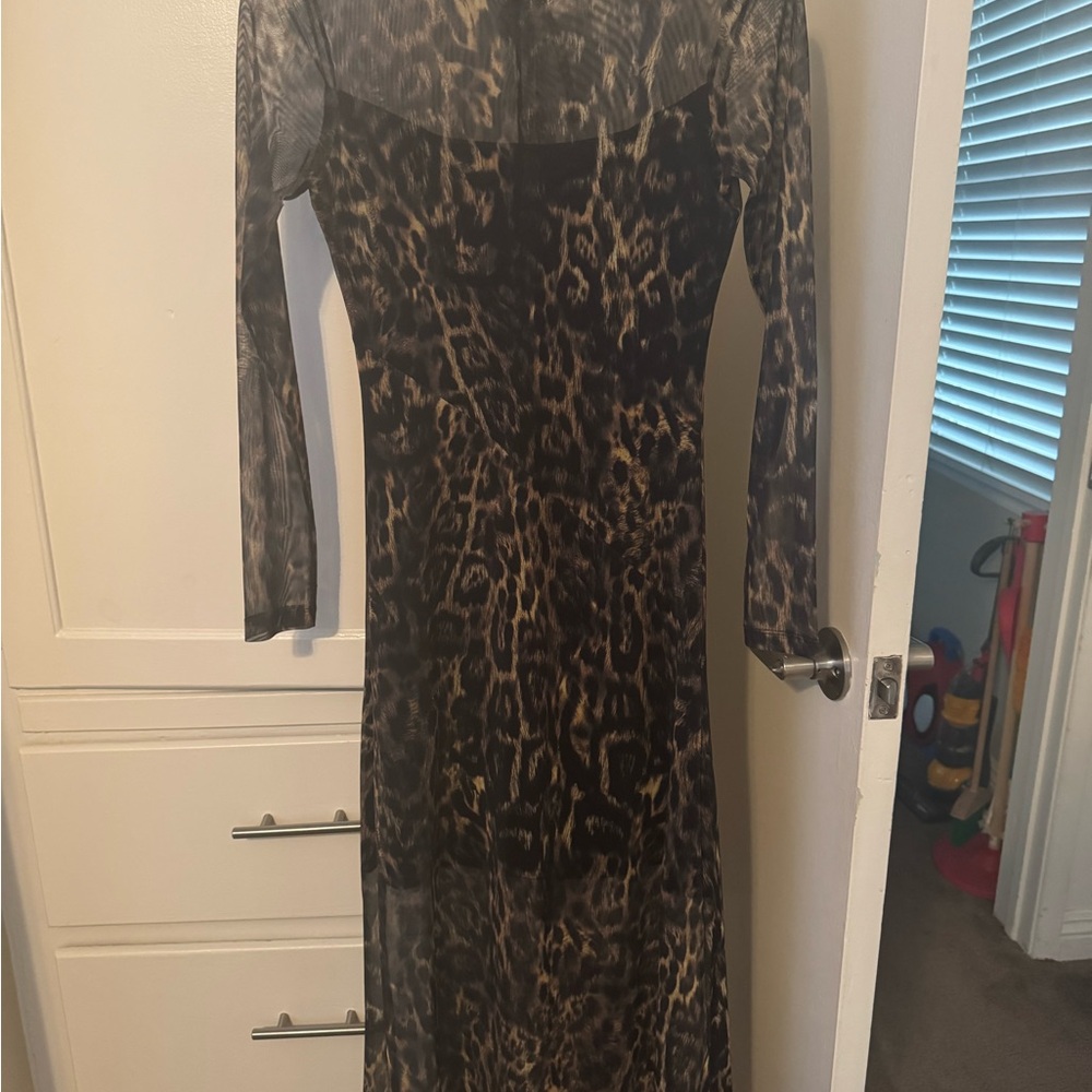 AllSaints Sheer Leopard-Print Long Sleeve Maxi Dress - Black & Brown